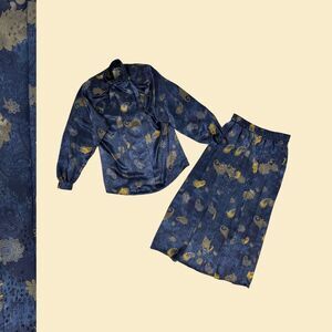 70s/80s blue skirt & blouse set by Sir James, vintage size 4/6 womens 2 piece